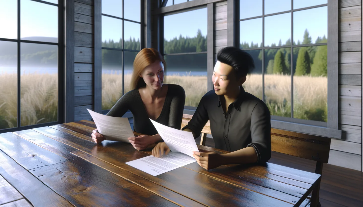 Two people reviewing land sale documents without a realtor