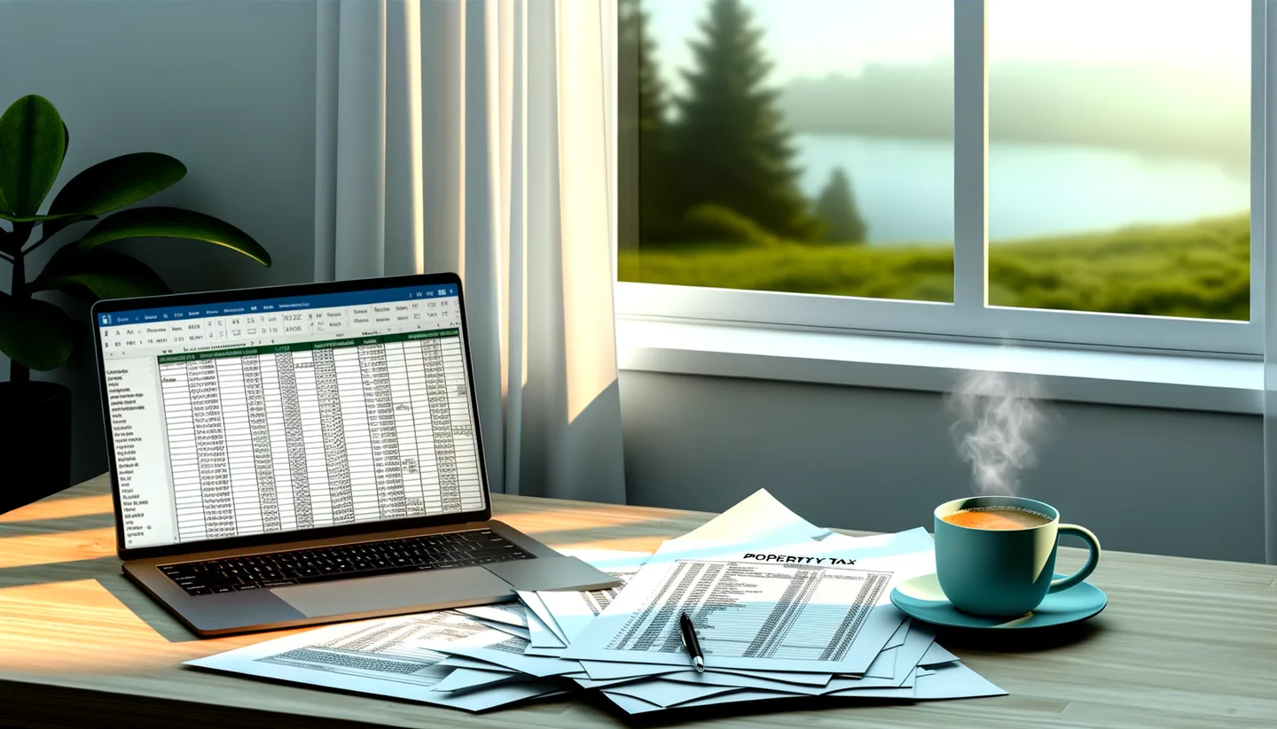 Property tax documents and laptop on a desk