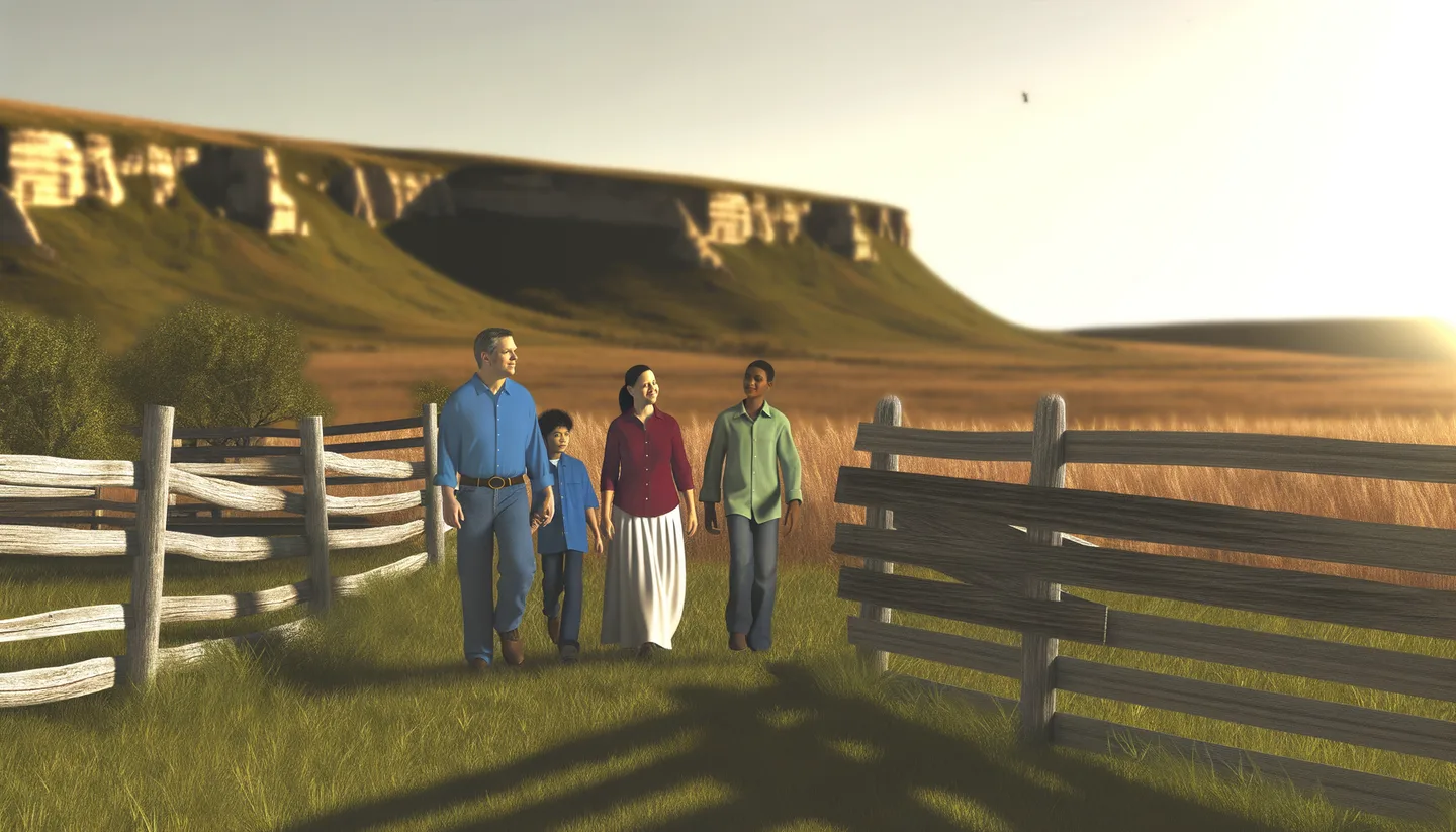 Family walking along inherited rural property