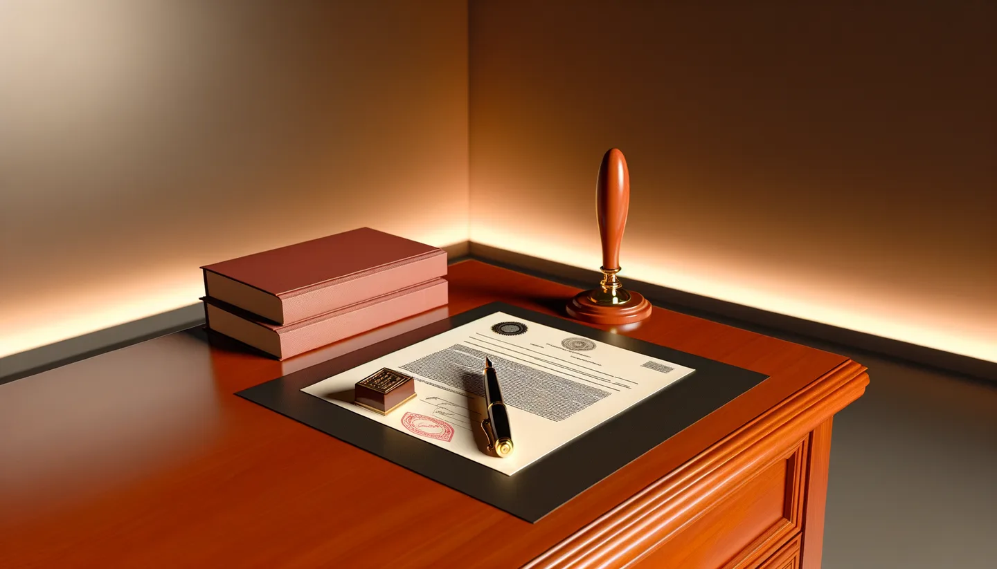 Legal land deed with notary stamp and fountain pen on desk