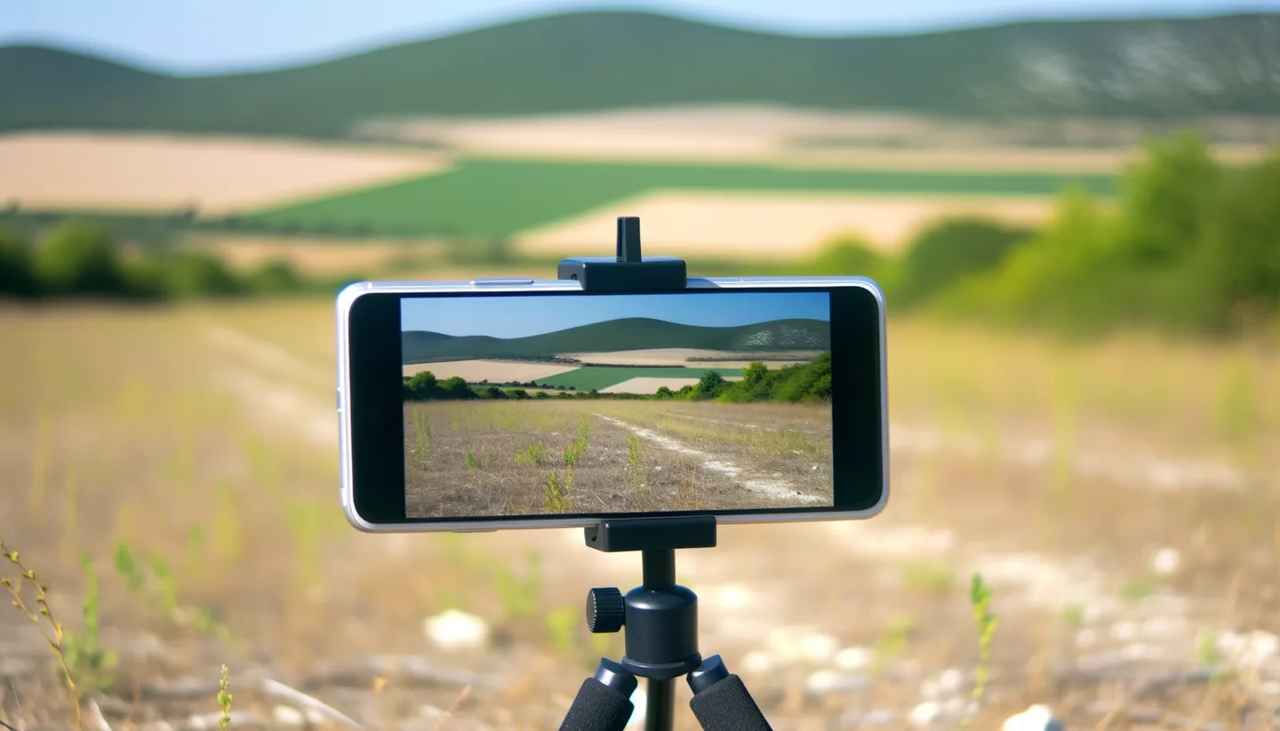Smartphone on tripod photographing a vacant land parcel
