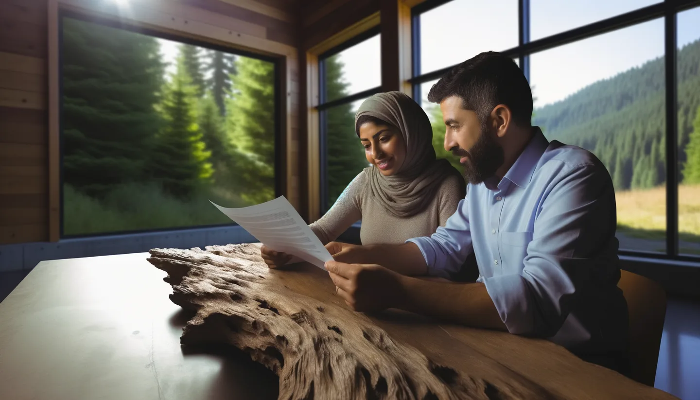 Two people reviewing land sale documents without a realtor