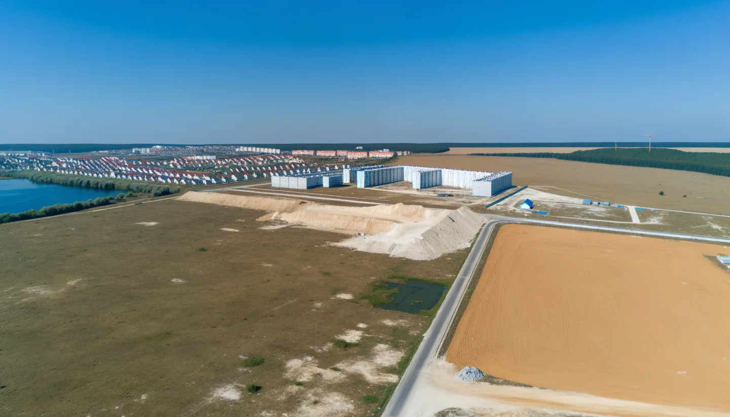 Aerial view of undeveloped land next to new construction