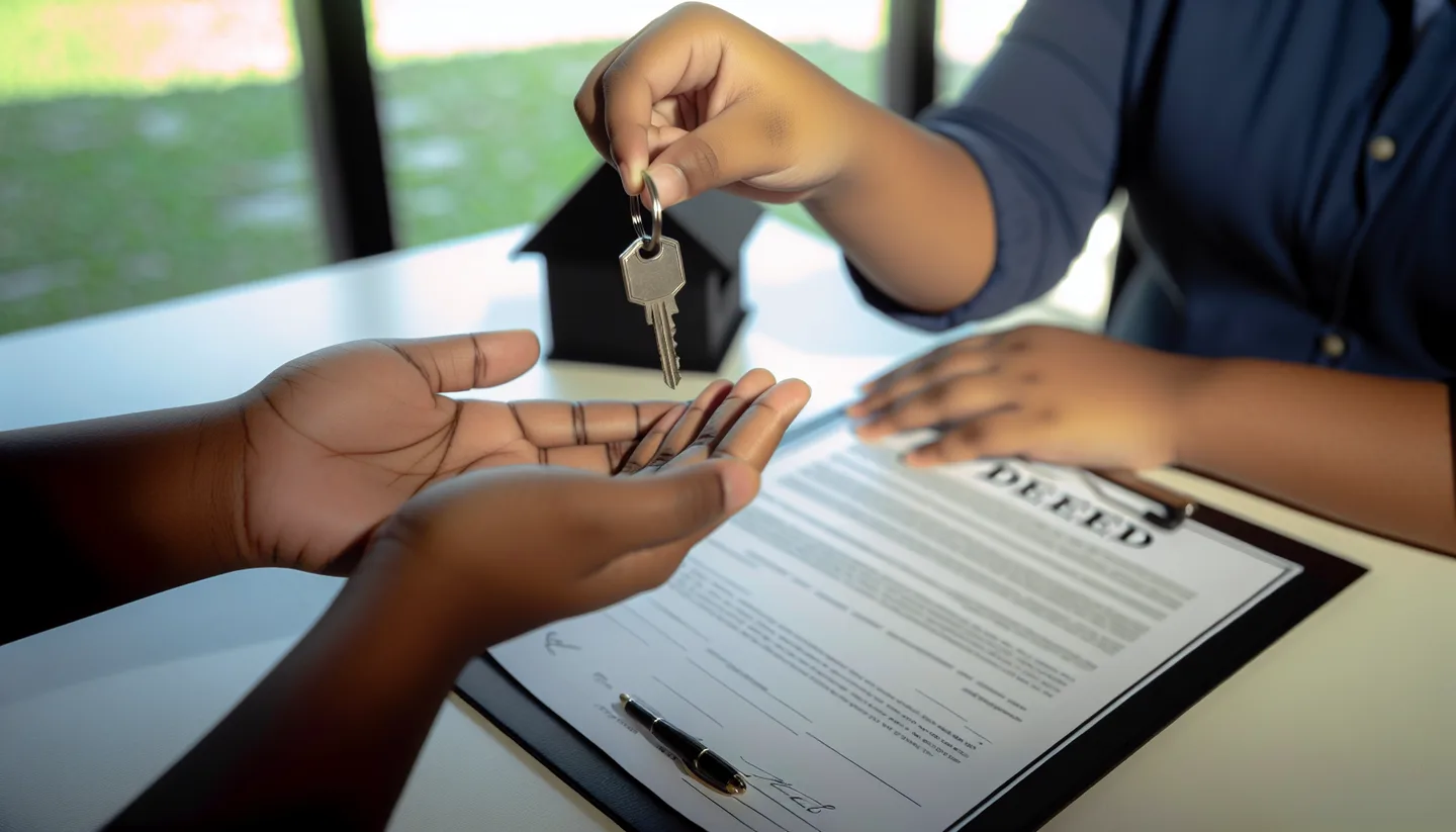 Exchanging keys over a signed property deed at closing