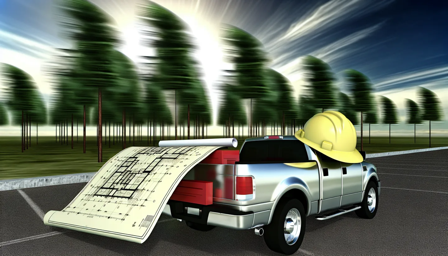 Blueprints and hard hat on a truck hood at a construction site