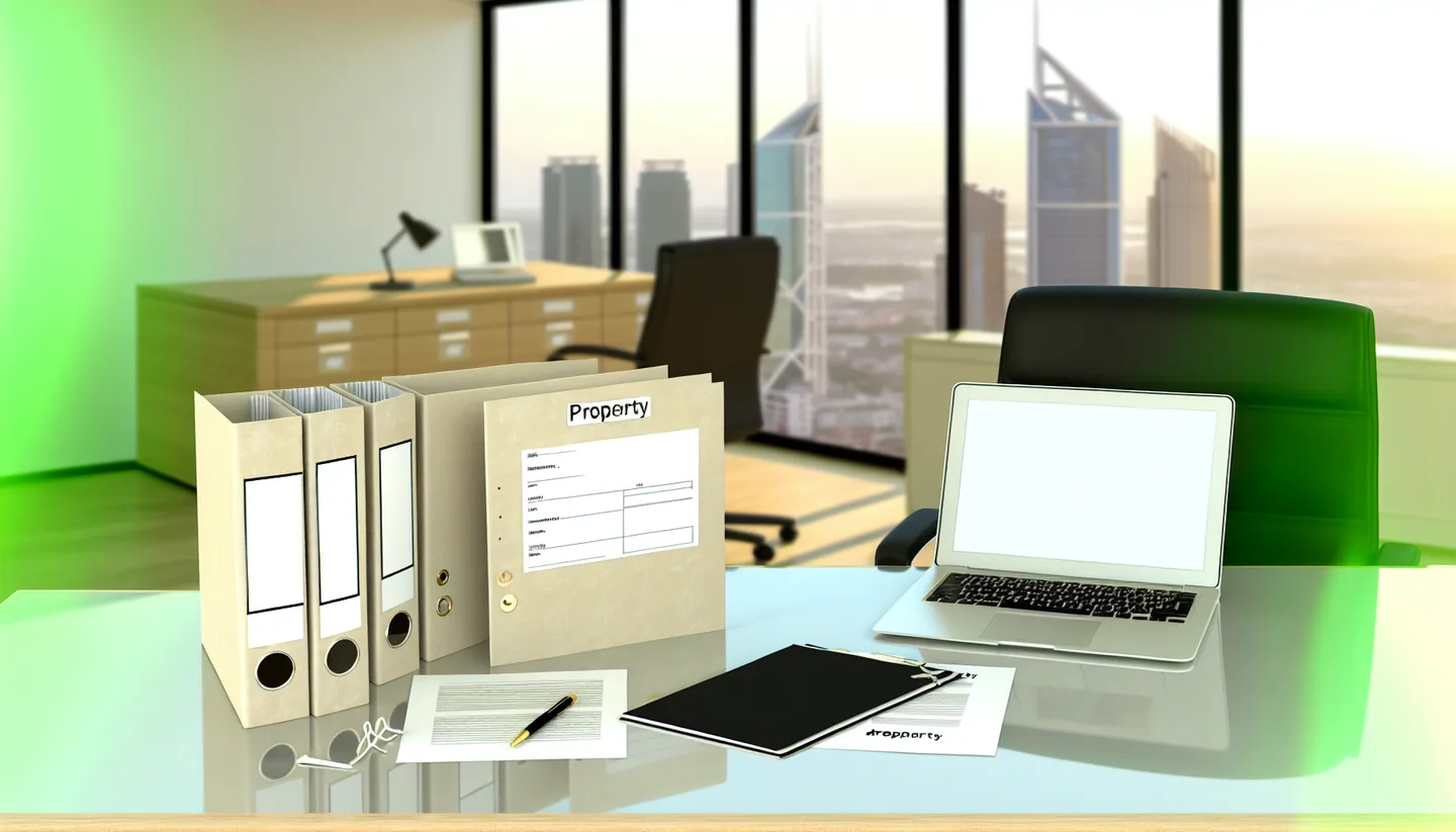 Professional office with property documents and city view