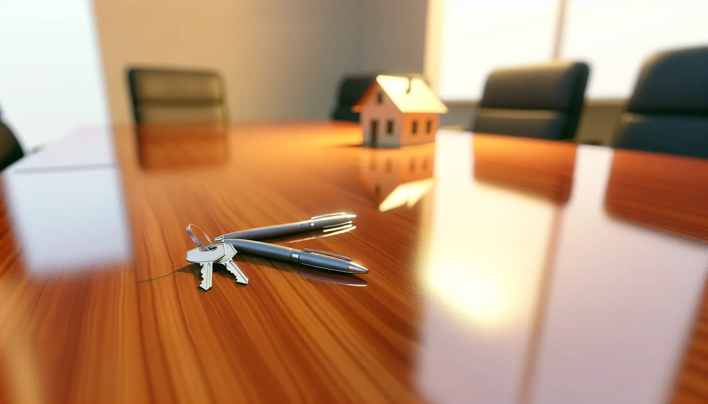 Property closing table with signed documents and keys from above